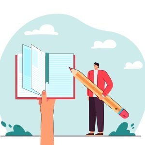 Tiny author with pencil writing, editing information. Hand holding open paper book for study flat vector illustration. Guidance, education concept for banner, website design or landing web page